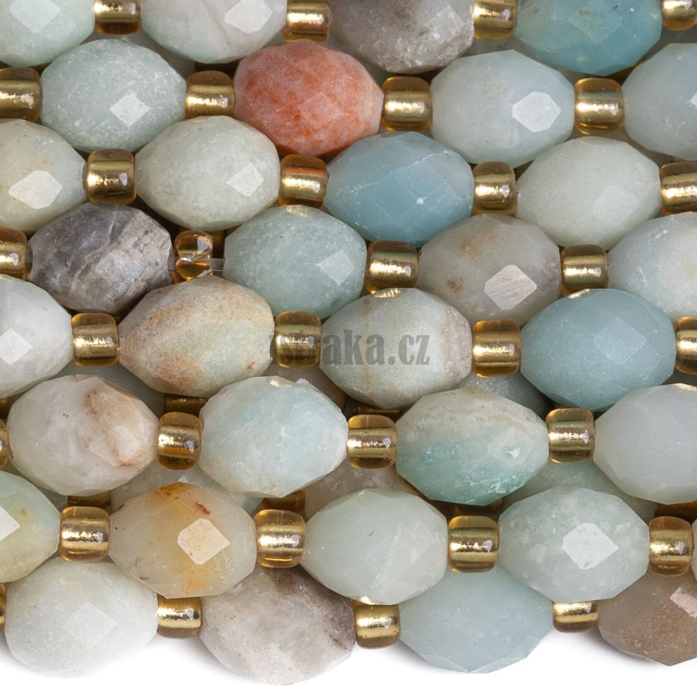 Amazonit korálky 6x8mm olivy s rondelkami půlšňůra Amazonit korálky 6x8mm olivy s rondelkami půlšňůra