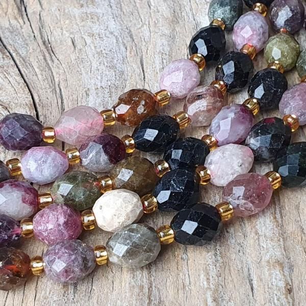 Turmaln mix barev korlky olivy 6x8mm brouen plra