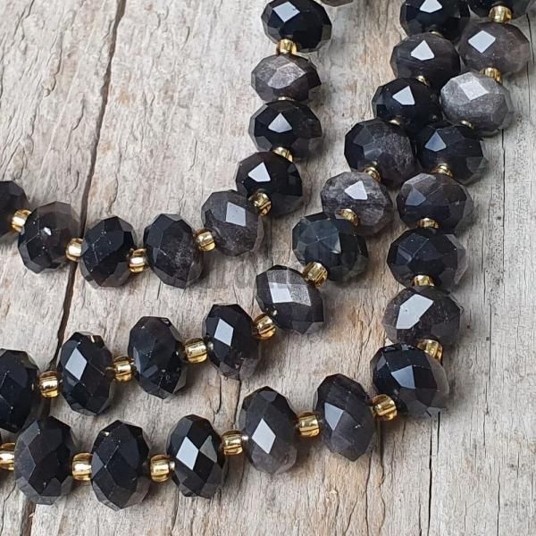 Obsidin stbrn korlky 6x10mm rondelky brouen plra