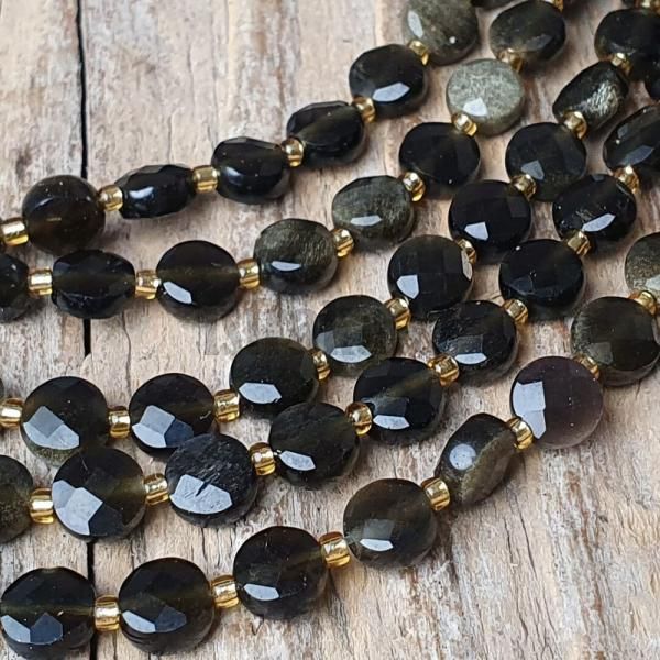 Obsidin zlat korlky 6mm disky brouen plra