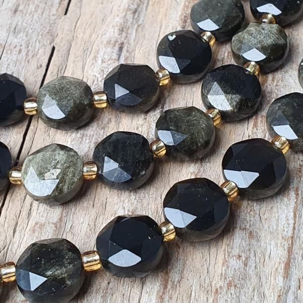 Obsidin zlat korlky 10mm disky brouen plra